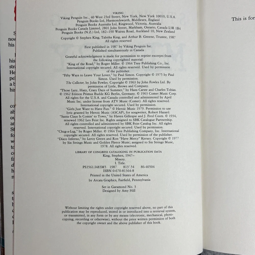 Misery by Stephen King First Edition Hardcover‎ Book 1987 Viking